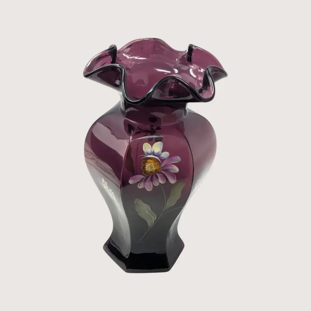 1990s Fenton Mulberry Amethyst Glass Ruffled Vase Hand Painted S Hughes